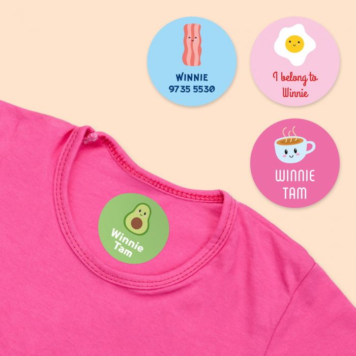15 round colour iron-on name labels (permanent)